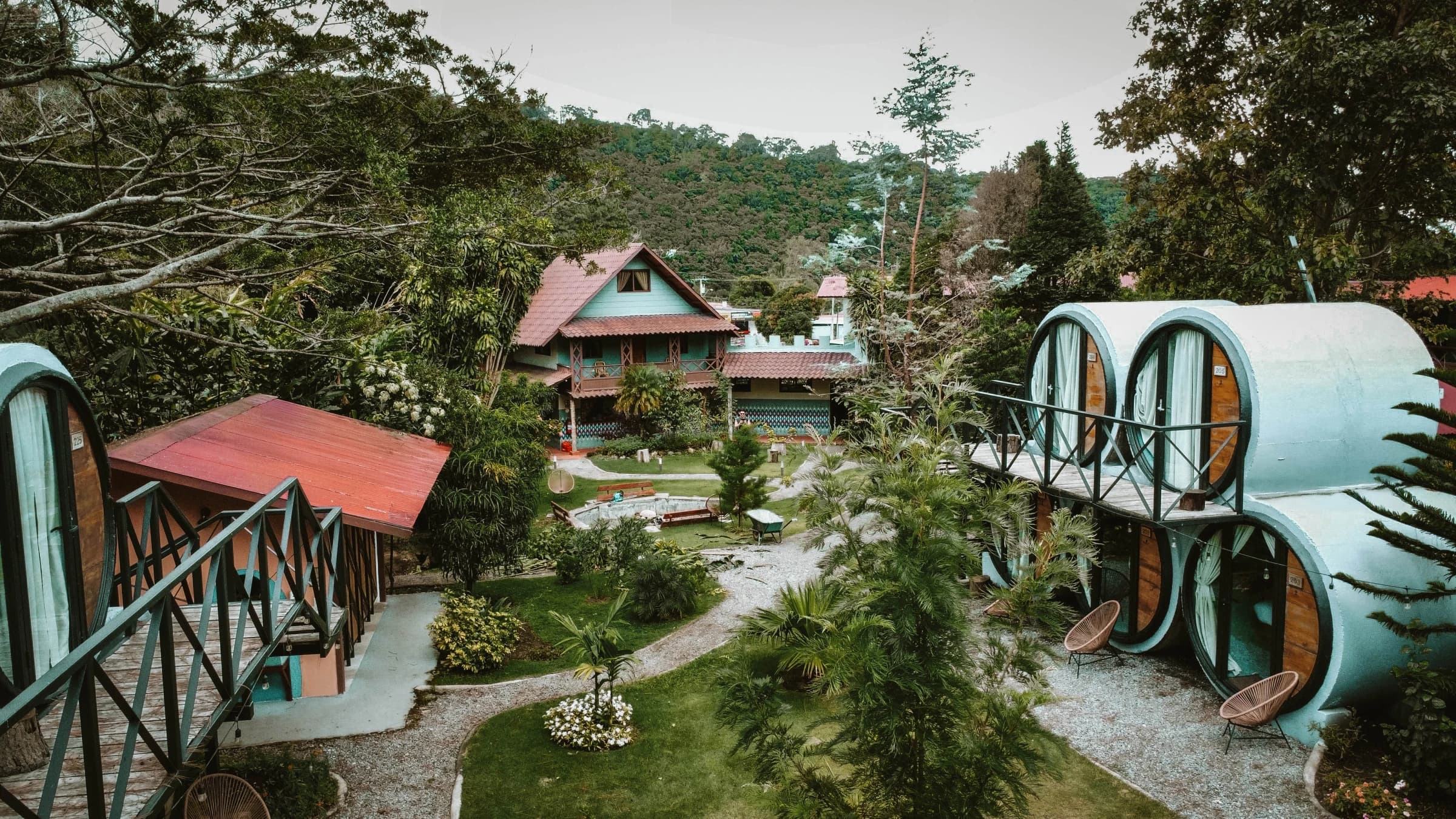 Aerial view of the ONDA Boquete property and central firepit courtyard