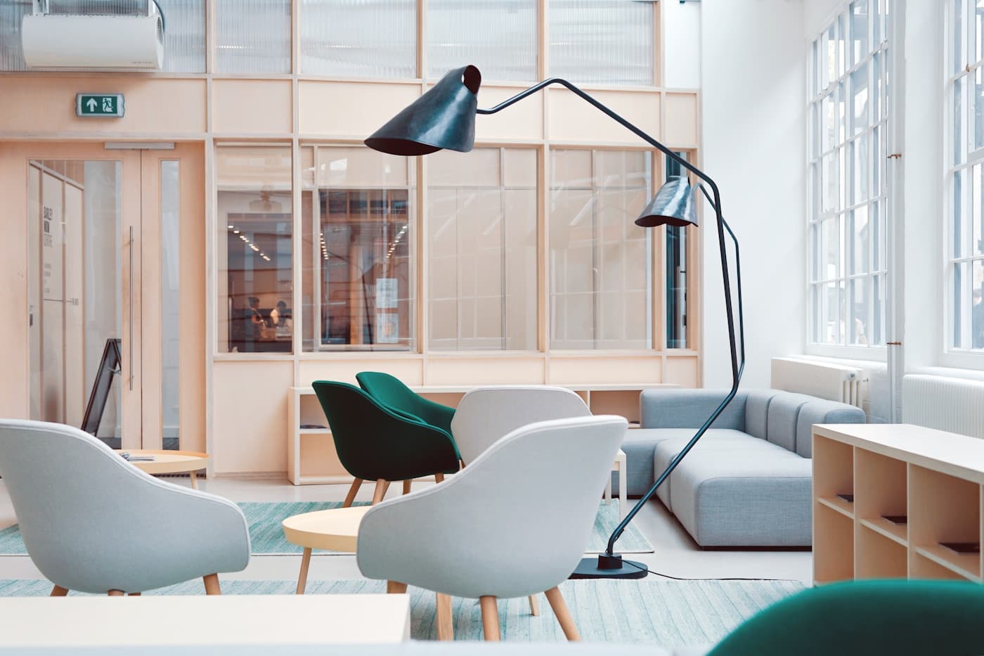 Demonstration image of a bright shared workspace