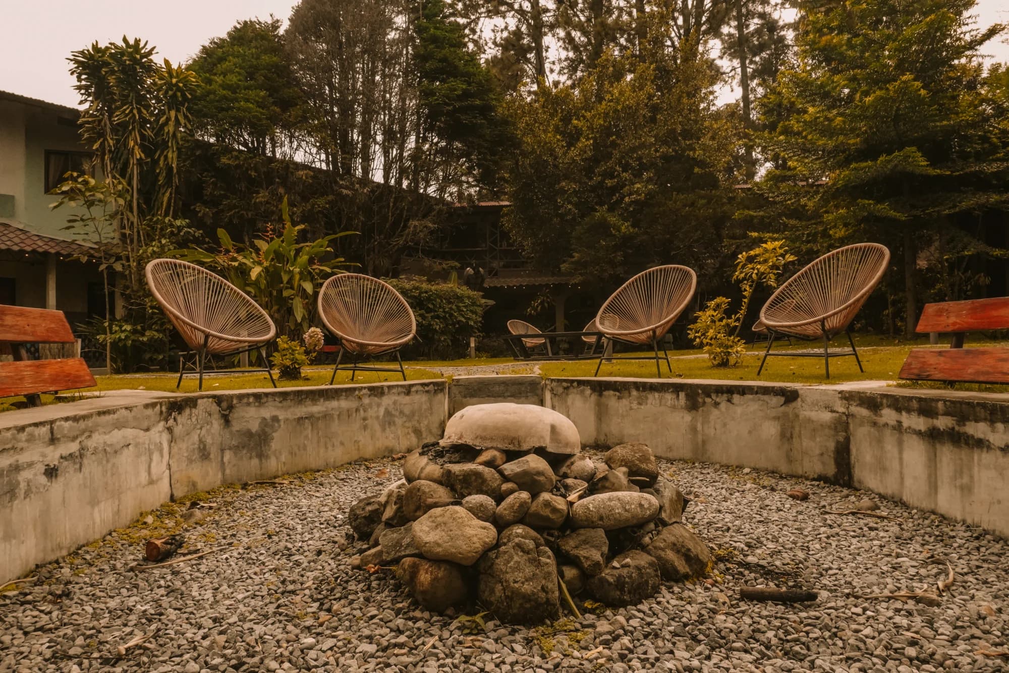 Garden firepit and gathering circle at ONDA Boquete
